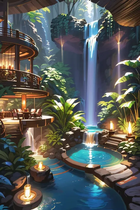 a waterfall in a tropical jungle with a house and waterfall