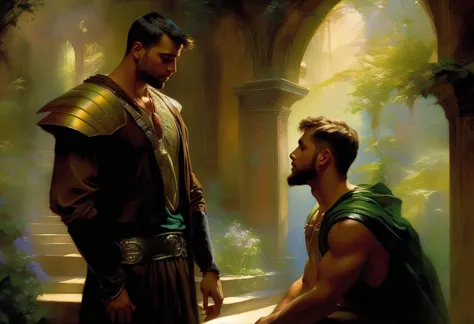 a painting of a man in armor and a man in a green cloak