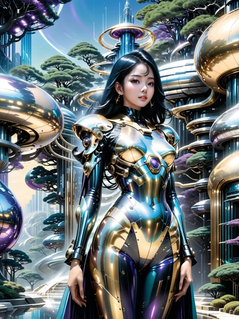 a woman in a futuristic suit standing in front of a futuristic city