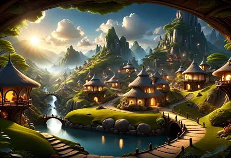 a view of a fantasy village with a river and a bridge