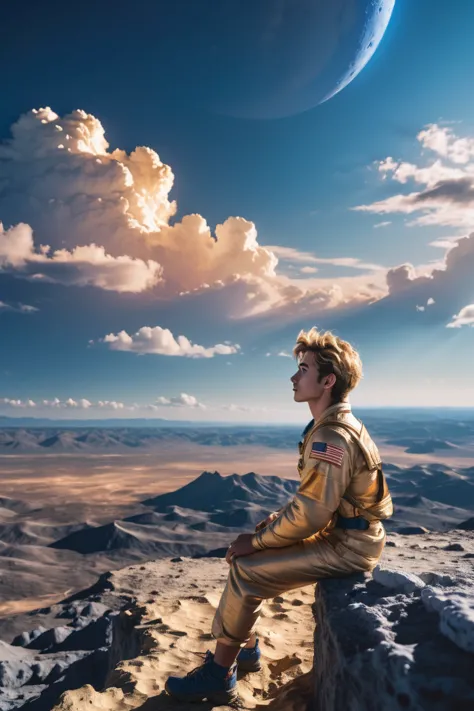 a man sitting on a rock looking at the sky with a planet in the background