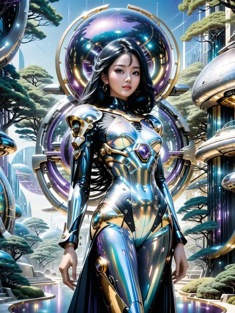 a woman in a futuristic suit standing in front of a futuristic city