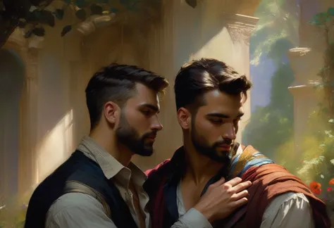 there are two men standing next to each other in a painting