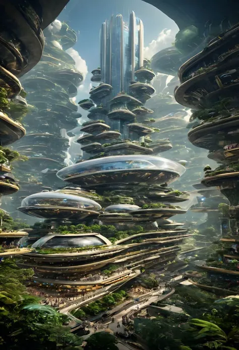 未来城市观光新型飞行船, 
Residents live in a sizable number of 玻璃 bubble capsules,
The alien colonial cities of the future look like towering ant nests built in Halong Bay filled with 多雾路段, 玻璃 dome, 通讯尖塔地标, 航空站, 空中公共交通,
((星球大战帝都的钢铁塔, 《银翼杀手》中公司总部的魔方和金塔, 宫崎骏《天空之城》中的飘浮王国, 巴黎的地下墓穴里满是头骨, 英国著名建筑师梦之侦探)),
(未来派:1.2), 一座由钢铁制成的巨大军工厂, 玻璃, 多雾路段, 太阳, 在云里, , 未来派 military planes, 忧郁的语调, 
(真实景观:1.1), (blurred 背景:1.0), [建筑|树木|人群|建筑|树木|人群|建筑|树木|车辆|人群:0.7], (背景, 更多的_细节:0.3) 
很好的灯光, 堆叠, 垂直的, 新古典主义, 未来城市