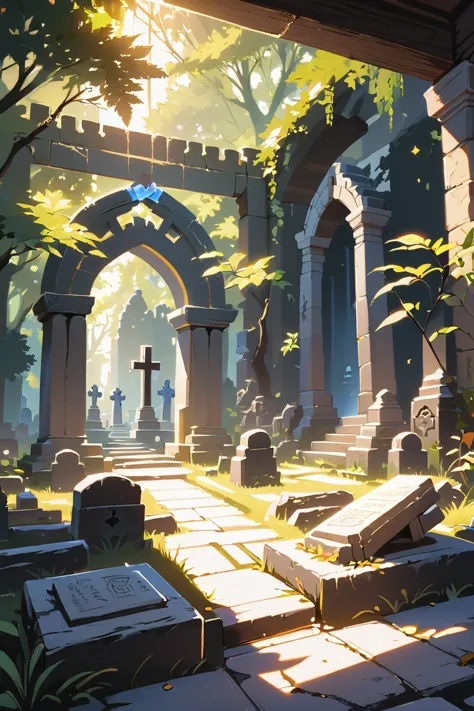 a painting of a cemetery with a cross in the middle