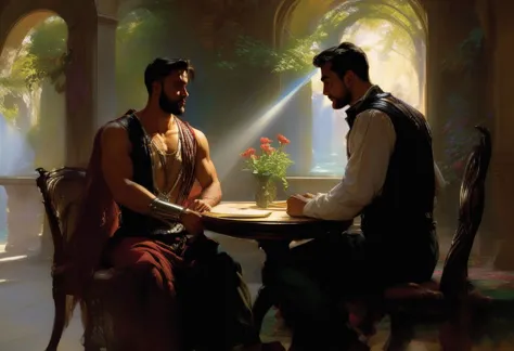 arafed image of two men sitting at a table with a vase of flowers