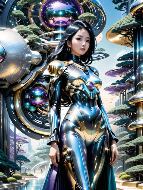 a woman in a futuristic suit standing in front of a futuristic city