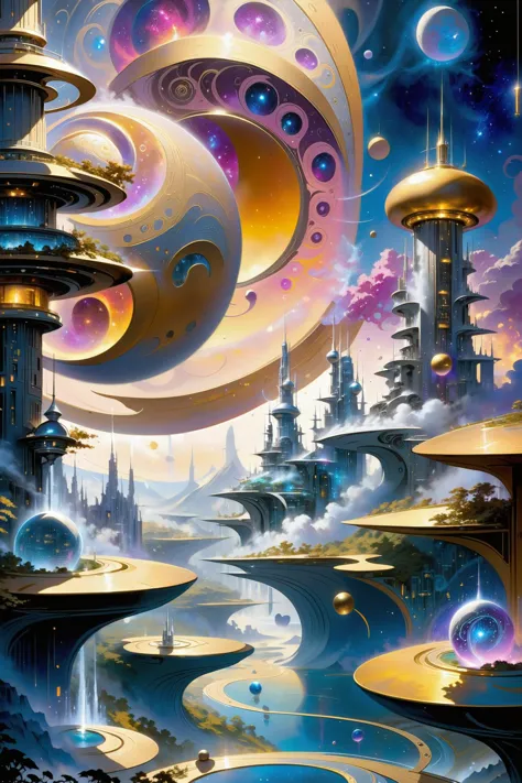 a painting of a futuristic city with a river and a large moon