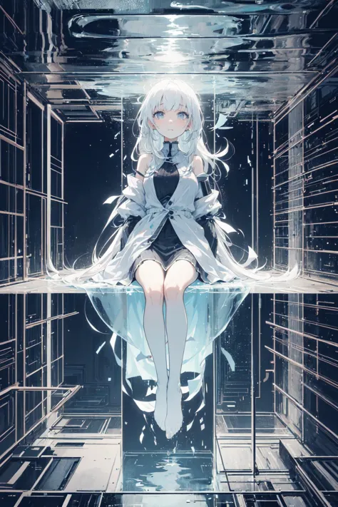 (full body,masterpiece, best quality, ultra detailed, hyper realistic, photo, delicate pattern, detailed background,:1.3),
(very lonly child,1 sad little girl with vary long white hair trying to hold back her tears,perfect detail eyes,beautiful detailed eyes,sitting,staring at viewer, listlessness, absentmindedness,close mouth:1.5),
(glitching body, body gradually becomes transparent and disintegrates,afloat,:1.5),
binary code and digital art, (binary code,only zero and one:1.5), <lora:binarycode:0.4>,
hologram, virtual space, wireframe,