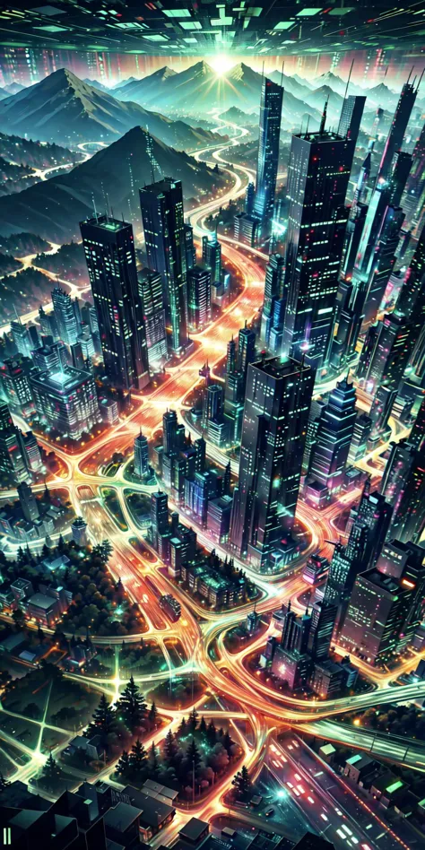 top view,(a sci-fi city built around a mountain, forest:1.3),solemn,sacred,
scenery, sky, cloud, outdoors, city, fantasy, building,waterfalls, <lora:binarycode:0.8> (binary code:1.3),