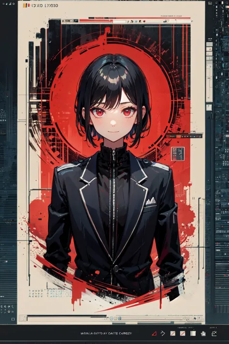 highres, sharp focus, pixiv masterpiece, ((intricate details)), highly detailed, upper body, red eyes, black hair, bags under eyes, suit,evil smile,<lora:binarycode:0.3> (binary code:1.5), digital art,only zero and one,