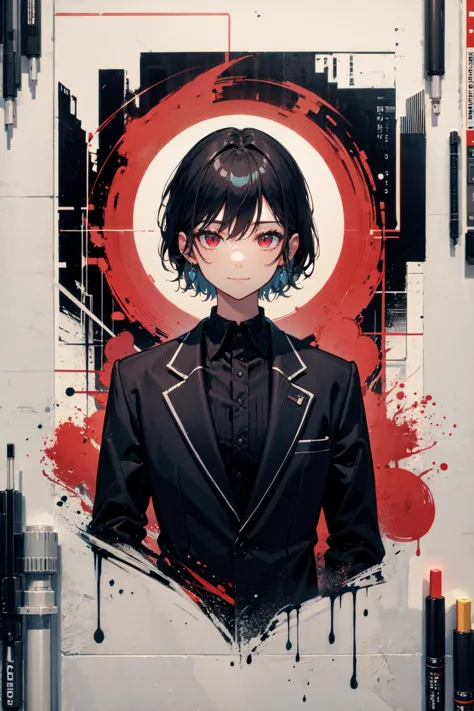 highres, sharp focus, pixiv masterpiece, ((intricate details)), highly detailed, upper body, red eyes, black hair, bags under eyes, suit,evil smile,<lora:binarycode:0.3> binary code, (digital art:1.5),only zero and one,