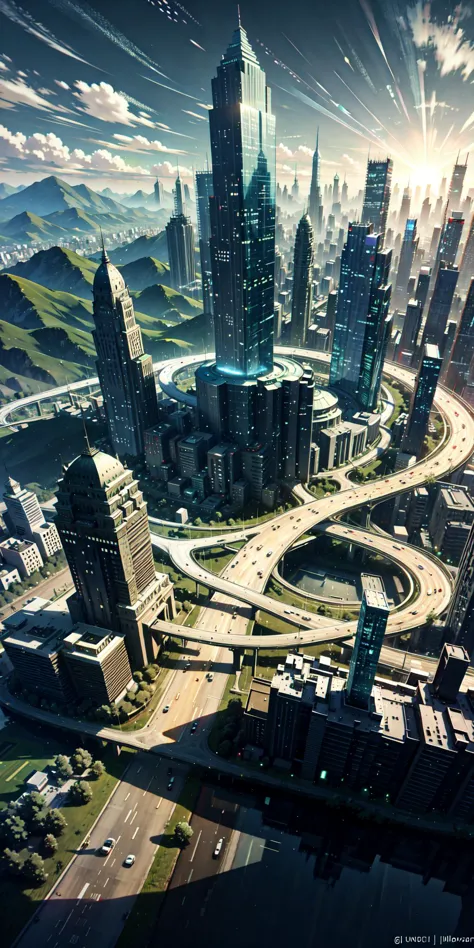 futuristic city with a highway and a bridge in the middle