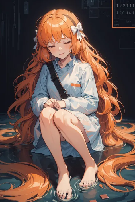 (full body,masterpiece, best quality, ultra detailed, hyper realistic, photo, delicate pattern, detailed background,:1.3),
(alone, child:1.5),(1 girl ,vary long orange wavy hair, sleeping,close eyes,close mouth,an undetectable smile:1.6),
sitting,listlessness, absentmindedness,
(translucent body,afloat:1.5),
binary code and digital art, (binary code,only zero and one:1.5), <lora:binarycode:0.4>,
hologram, virtual space, wireframe,
 <lora:ishmael-limbus-v4-wasabiya:1> ishmael,