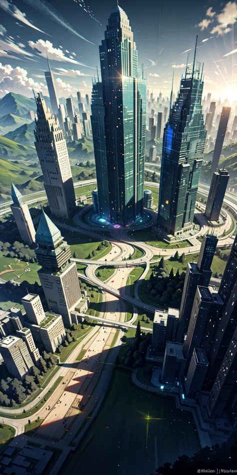 a view of a futuristic city with a bridge over a river