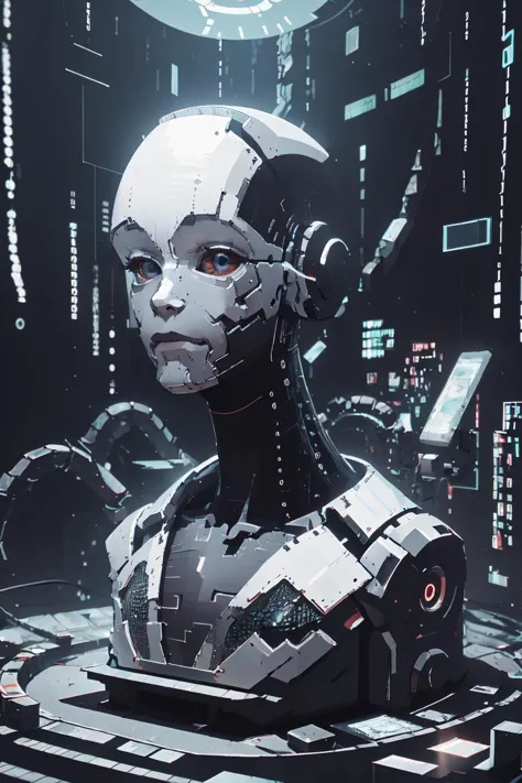 a close up of a robot head with a futuristic background