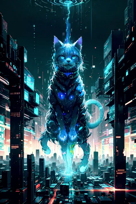 a close up of a cat flying over a city at night