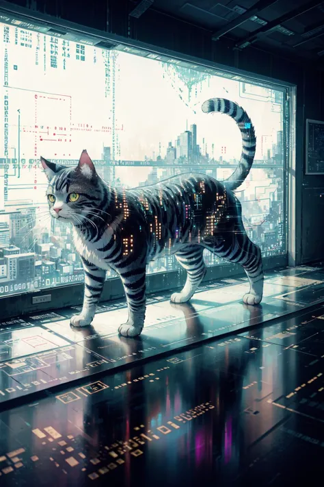 (extremely detailed CG unity 16k wallpaper,best quality,extreme quality,masterpiece,ultra-detailed,backlight,:1.3), 
(perfect cat,1 cat,solo, binary code, digital art,only zero and one, :1.3) <lora:binarycode:0.8>