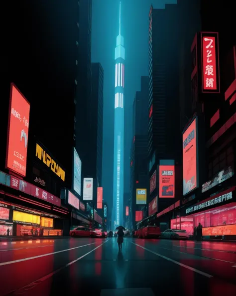 [Anime girl standing in the rain, neon lights, city at night. Gorgeous anime cityscape, cyberpunk, neon lights, futuristic skyscrapers, bustling streets. By Katsuhiro Otomo]