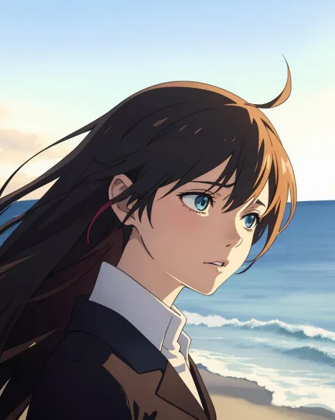 An anime girl standing on a beach, waves crashing in the background. Beautiful, dynamic angle, bright colors, detailed face, flowing hair, wind blowing through hair. In the style of Makoto Shinkai, with a realistic and cinematic aesthetic. 
Keywords: anime girl, beach, Makoto Shinkai, realistic, cinematic, bright colors, wind blowing through hair, detailed face, flowing hair, sparkling eyes.