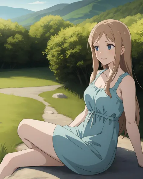 An anime girl with flowing hair, looking out over a lush scenic vista, with a warm summer breeze. Dynamic angle, sunlit, detailed background, beautiful landscape, summertime. In the style of Studio Ghibli, with a peaceful and calming atmosphere. masterpiece, best quality, ultra-detailed, illustration, anime style, highres, wallpaper, summer, day, scenic, 1girl, solo, outdoor, relaxed mood, smiling, looking into distance