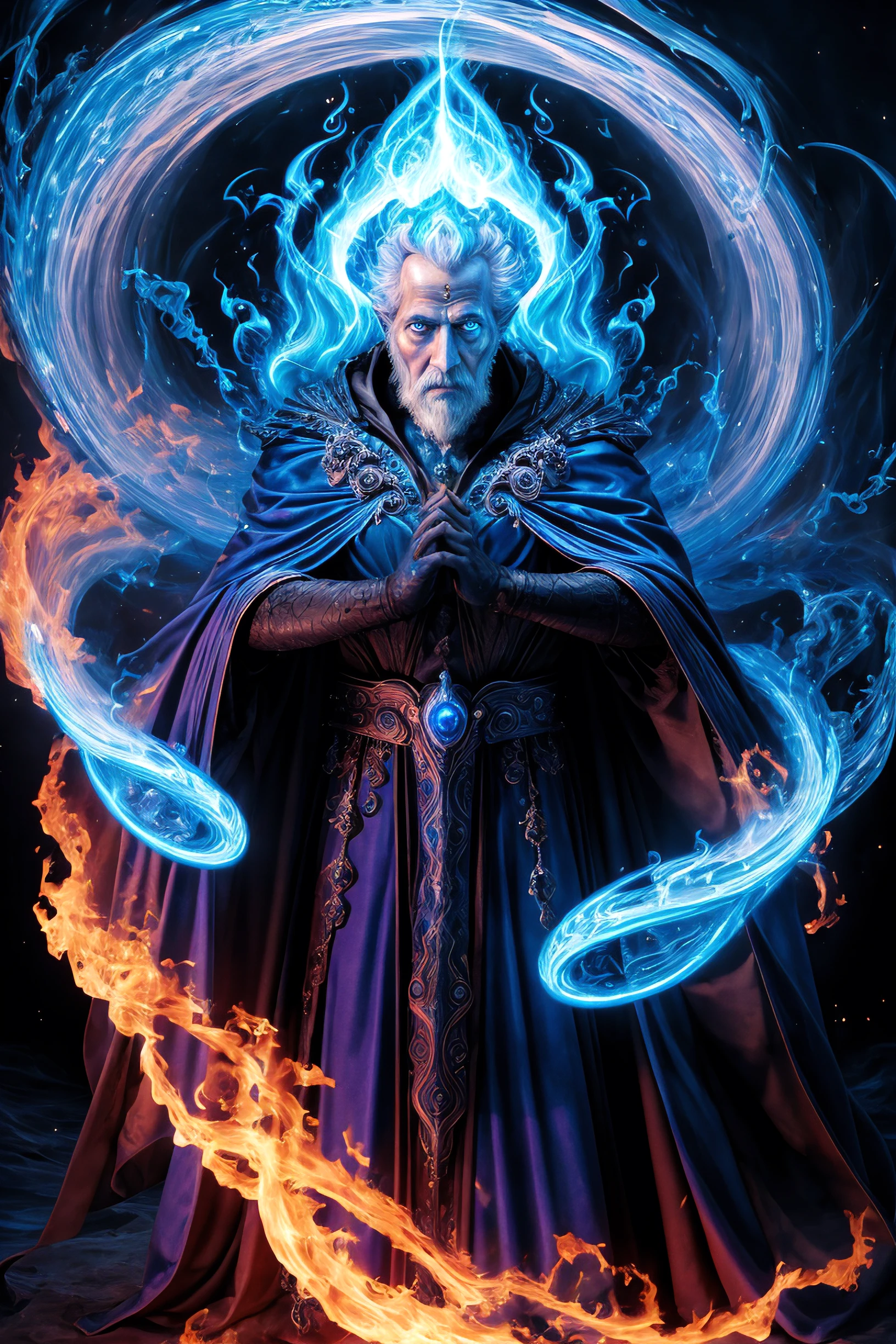 masterpiece, best quality, glamour shot (from above:0.5) of hades surrounded by glowing swirling magic, (hades:1.3), death, hellfire, ghostly blue, ghostly, wrinkles of age, blue fire, hair on fire, cloak, exhausted, (old man:1.3), photorealistic, vivid colors, majestic, highly detailed, dynamic pose, style-swirlmagic, 