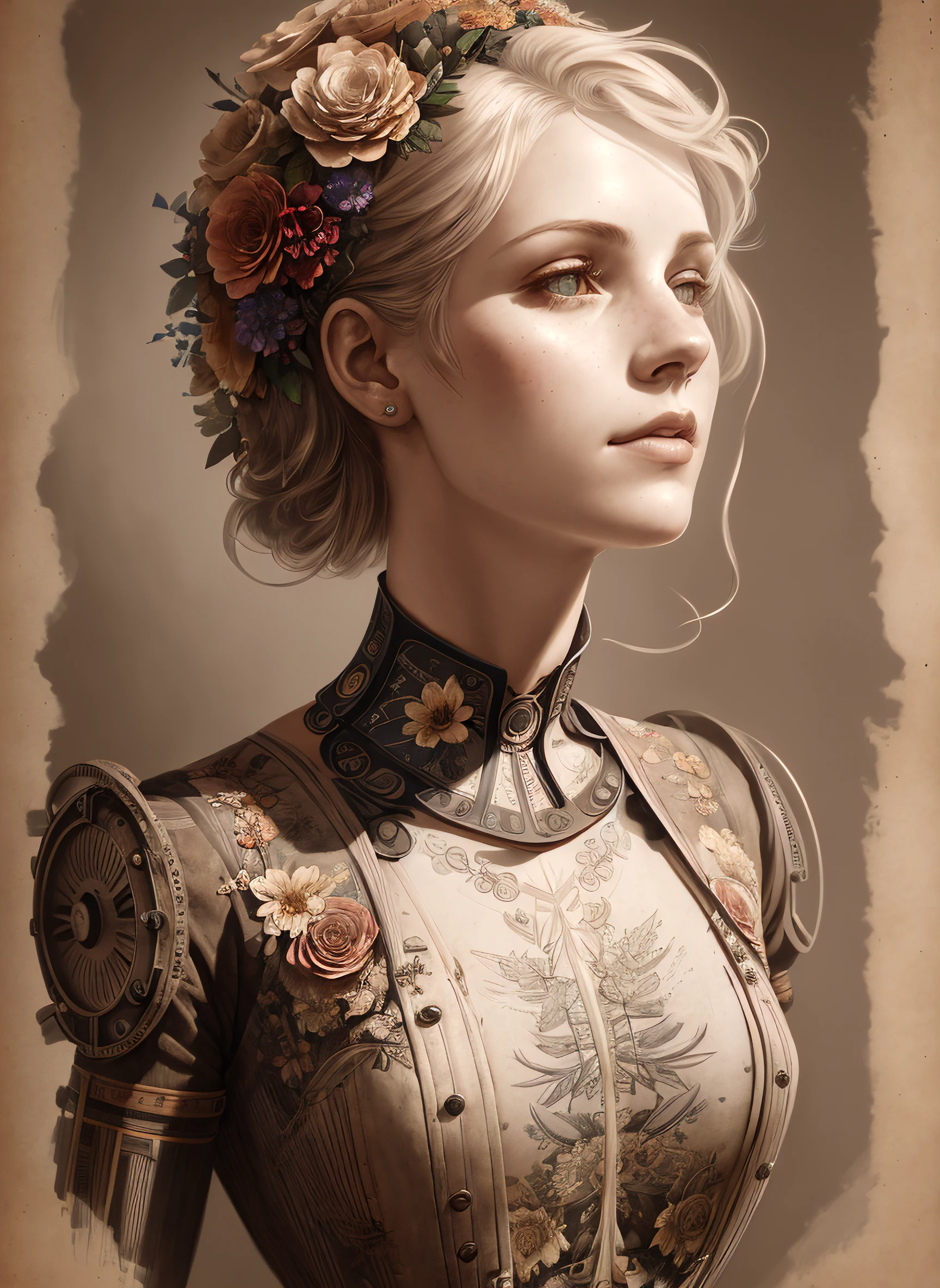 Charlie Bowater realistic ((Lithography sketch portrait)) of a woman, flowers, [gears], pipes, dieselpunk, multi-colored ribbons, old paper texture, highly detailed, perfect lighting, perfect shading, volumetric lighting, subsurface scattering, (photorealistic:1.5), (full torso), beautiful dress, intricate, detailed,
