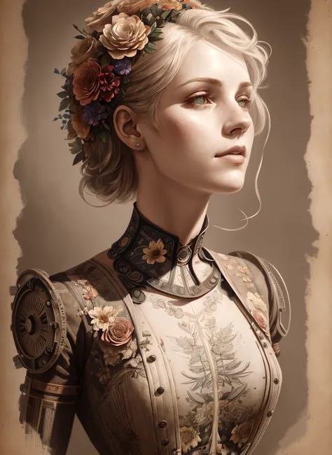 Charlie Bowater realistic ((Lithography sketch portrait)) of a woman, flowers, [gears], pipes, dieselpunk, multi-colored ribbons...