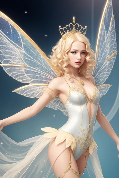 young woman with blonde hair and pale skin, wearing Magical fairy costume with delicate wings, glitter, and pastel colors