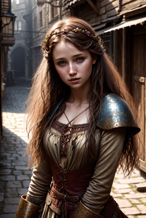 (medieval fantasy art), 1girl, beautiful, perfect face, petite, torn clothes, peasant, messy hair, dirty clothes, torn fabric, lost in alley, dnd, fantasy, (masterpiece, photorealistic, absurdres), dappled sunlight, studio lighting, perfect lighting, perfect shading, volumetric lighting, subsurface scattering, <lora:add_detail:0.7>