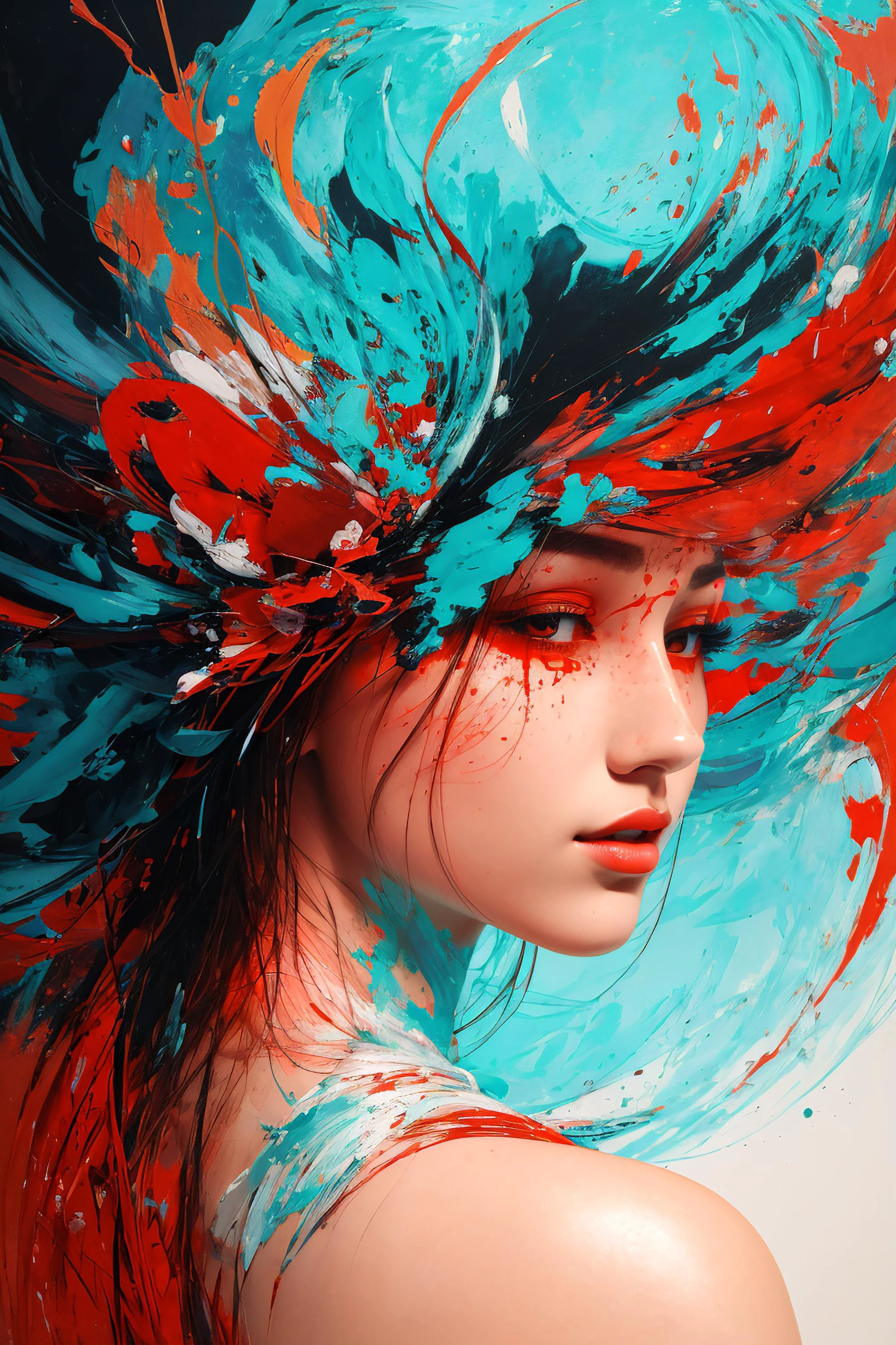 masterpiece, best quality, ultra high res, 1girl, (abstract art:1.4), cinematic, bleeding red, (cyan and orange theme), visually stunning, beautiful, evocative, emotional, side view, perfect lighting, perfect shading, volumetric lighting, subsurface scattering, (beautiful face), gorgeous, stunning, (intricate, detailed), (photorealistic:1.6), (mature adult:1.37), (abstract expressionism:0.25), seductive, sexy, flowers:0.3,