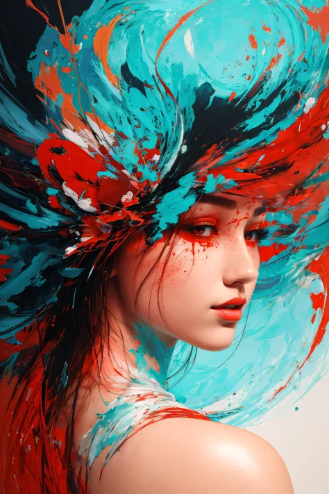 masterpiece, best quality, ultra high res, 1girl, (abstract art:1.4), cinematic, bleeding red, (cyan and orange theme), visually...