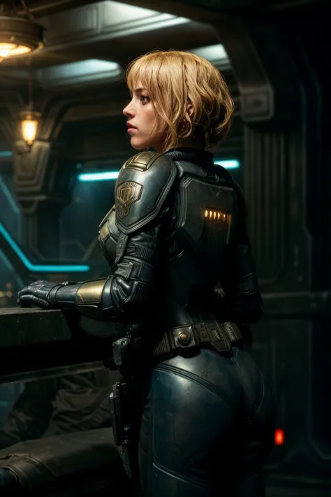 sci-fi dark movie style, scene depicting Judge Anderson as oliviathirlby, view from behind, in a futuristic cantina, crowded wit...