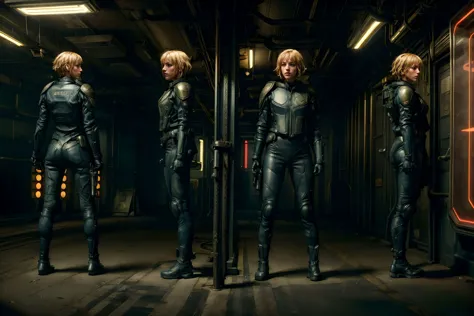 sci-fi dark movie style, scene depicting Judge Anderson as oliviathirlby, character turnaround, cyberpunk setting, same outfit, ...