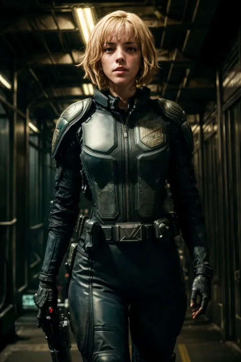 sci-fi dark movie style, scene depicting Judge Anderson as oliviathirlby as she patrols the corridors of a Mega-City One buildin...
