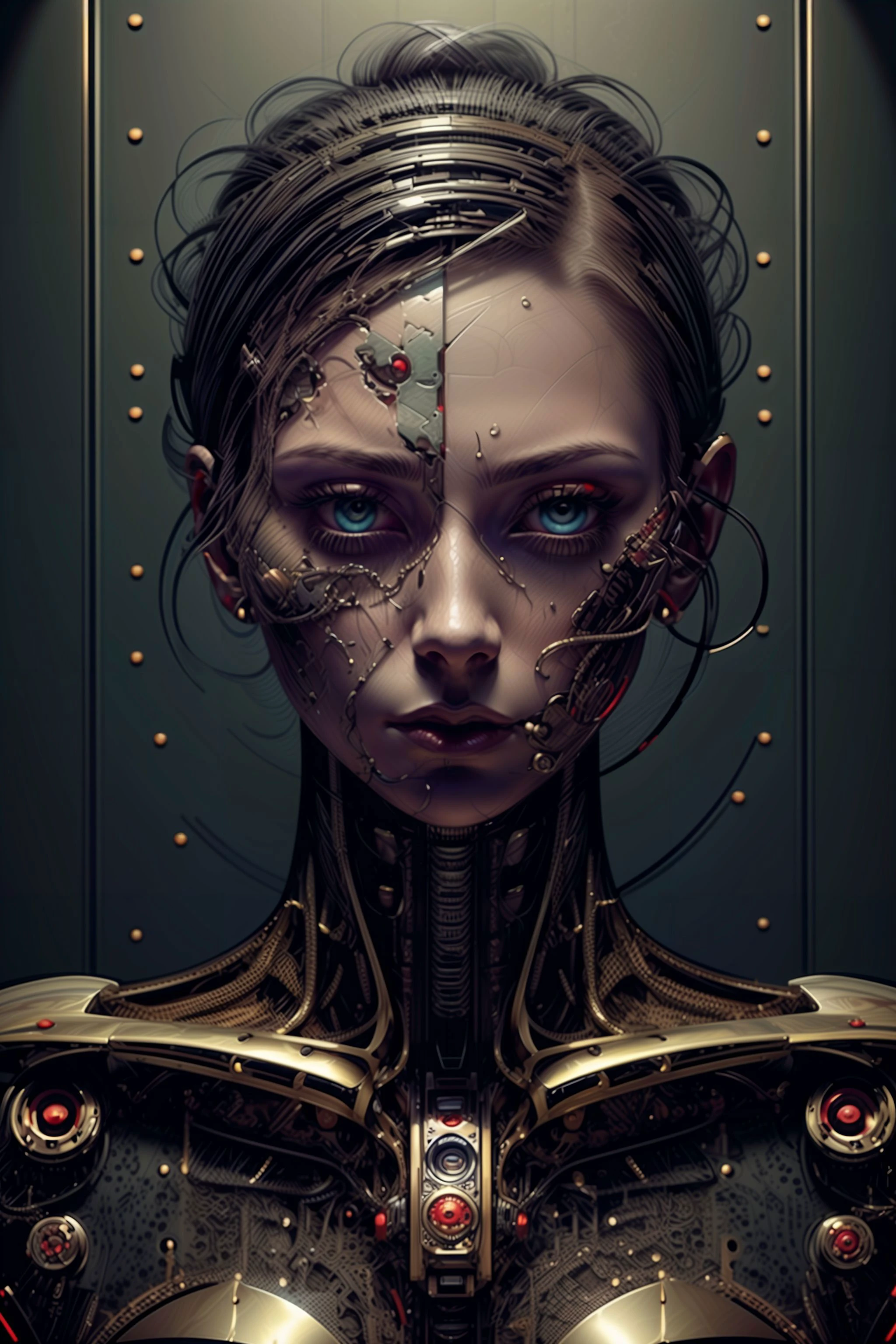 8K, highly detailed, stunning art, digital photography, painting, (hyper realistic art:1.3), (mechanical woman:1.2), (art byjim pavelec:1.2), Nikon d850, F/8, horror, reelmech, fear, blood, bleeding red and black theme, demonic, expressive, hypnotic, delicate, dark, moody, alluring, intricate, perfect lighting, perfect shading, hdr, (photorealistic:1.6), 