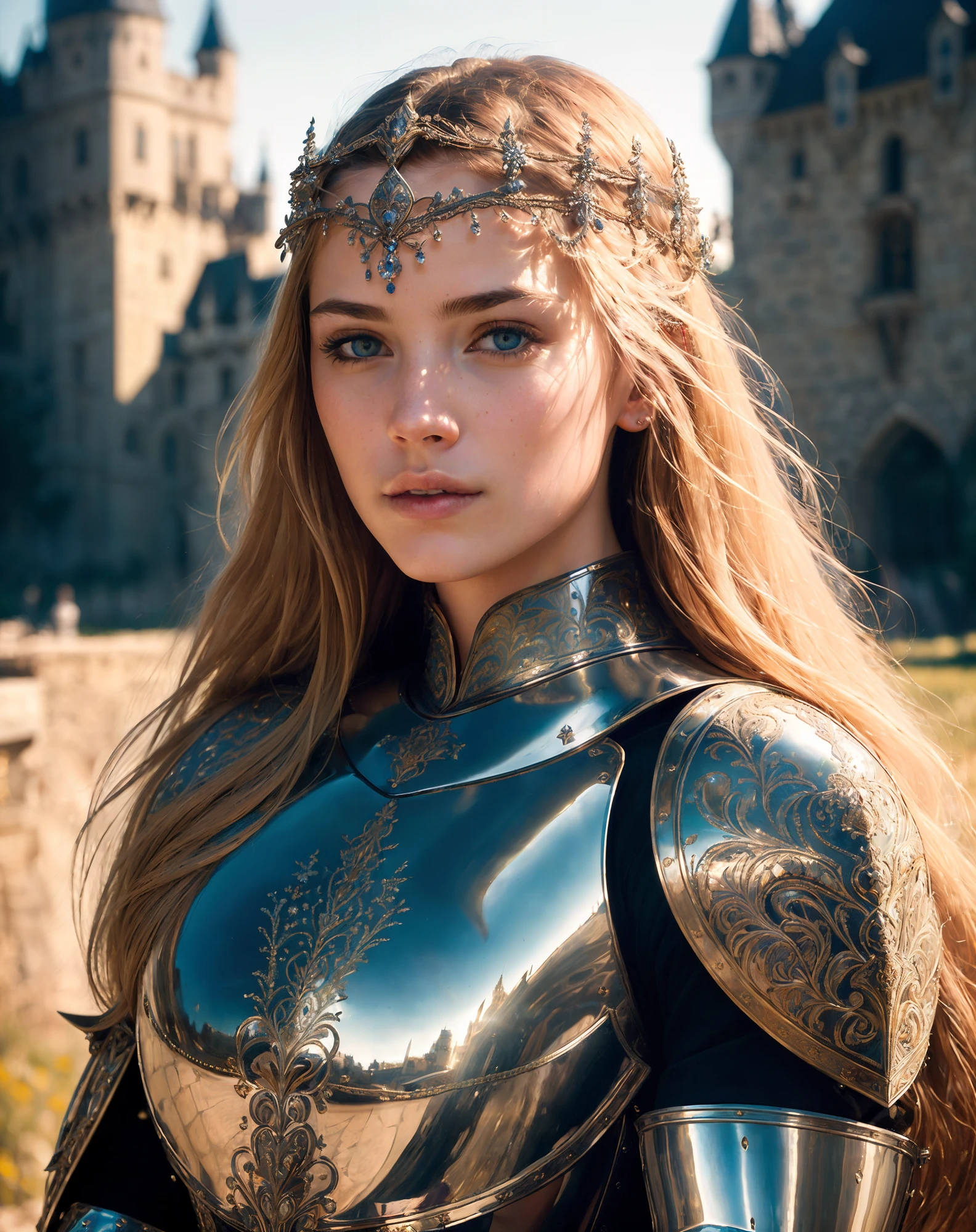 (傑作), (極為複雜:1.3), (實際的), 一個女孩的肖像, 世界上最美麗的, (中世紀盔甲), 金屬反射, 上半身, 戶外, 強烈的陽光, 遙遠的城堡, 一位令人驚嘆的女人的專業照片詳細, 銳利的焦點, 戲劇性, 得獎, 電影燈光, 辛烷渲染, 虛幻引擎, 體積 dtx, (photo實際的:1.5),
