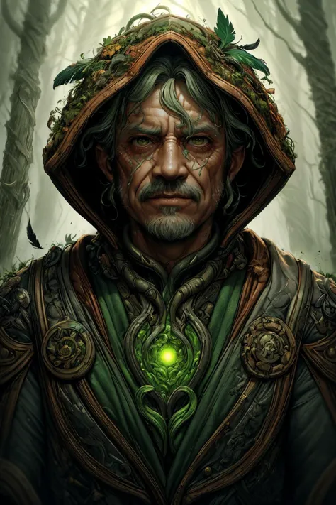 a man in a hoodedie with a green glowing eye