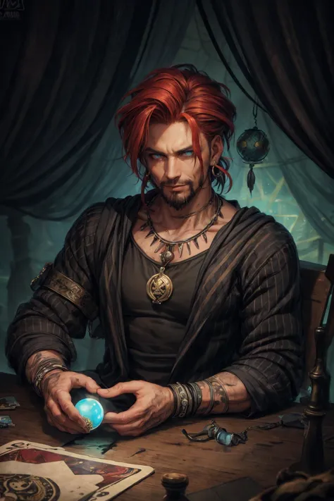 a man with red hair and a beard holding a crystal ball