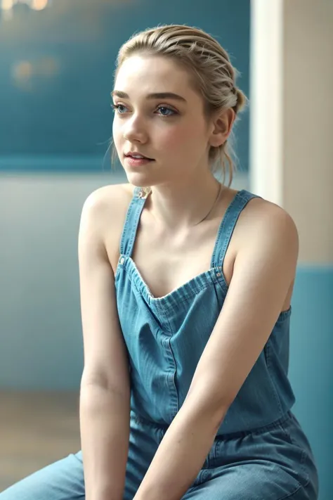 a close up of a woman sitting on a chair in a room