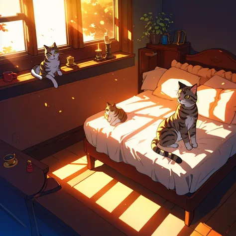 there are two cats sitting on a bed in a room