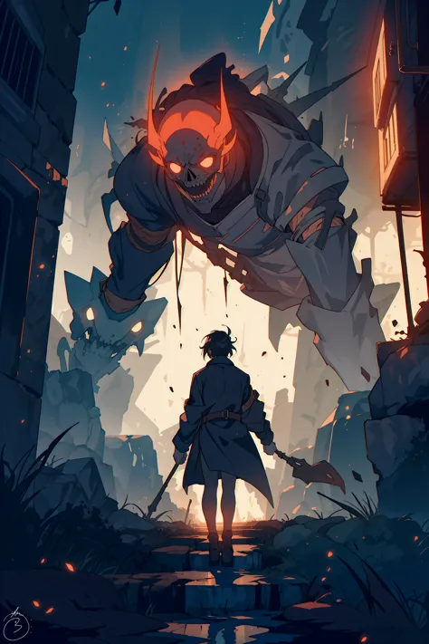 a man standing in front of a giant demon with a sword