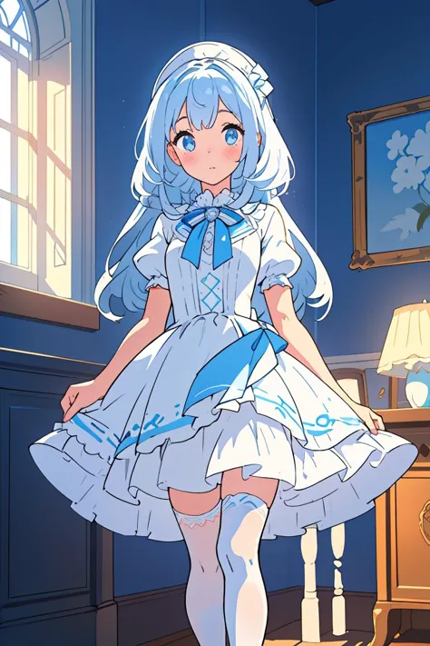 a cartoon girl in a white dress standing in a room