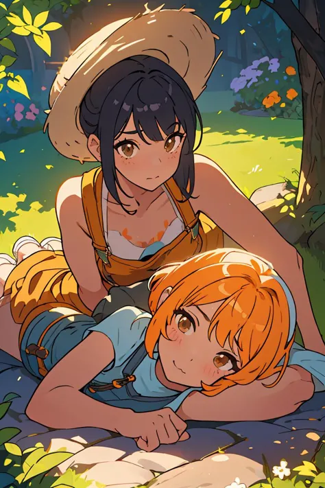 two anime characters laying on a blanket in the grass