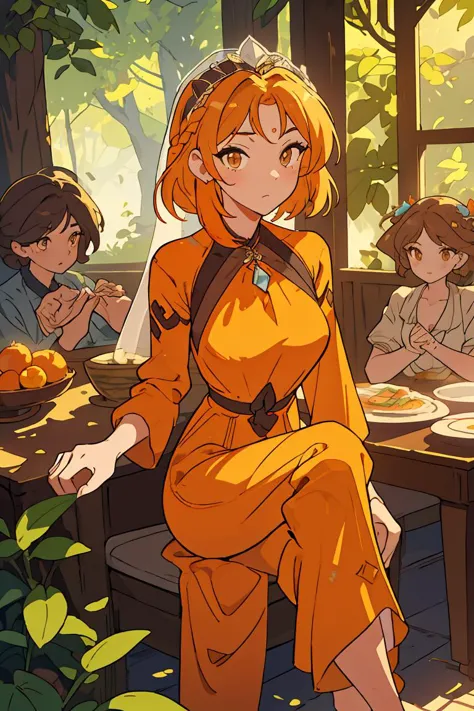 anime girl in orange dress sitting at a table with other people