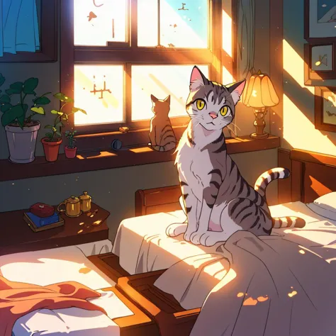 a cat made, sitting on a tabletop next to a bed, lit by sunlight through the window, excellent lighting detail, high detail