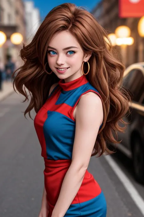 masterpiece, best quality, highres, aaandro, brown hair, long hair, curly hair, blue eyes, hoop earrings, two-tone dress, checkered dress, sleeveless, black pantyhose, dragon ball, <lora:android_21_v1:0.7>, street, cowboy shot, standing, smile, <lora:skinny_new_skin:0.2> <lora:detailed_eye:0.1> RAW photo, a young woman (high detailed skin:1.2), 8k uhd, dslr, soft lighting, high quality, film grain, Fujifilm XT3