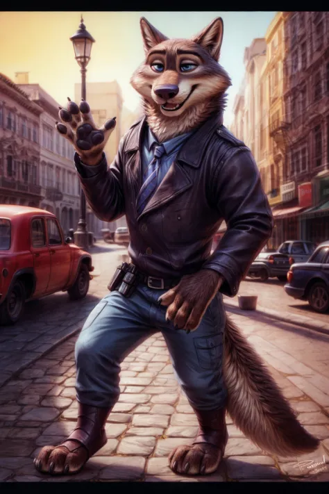 larry (zootopia), wolf, grey fur, (brown body:1.3), blue eyes, zootopia, clothed, black jacket, canine, wolf, detailed fur, male...