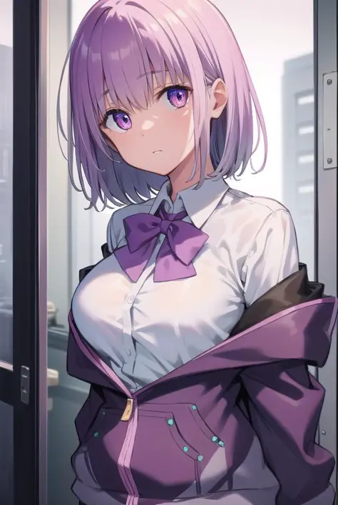 akaneshinjou, shinjou akane, light purple hair, (pink eyes:1.2), short hair,
BREAK black pantyhose, bow, collared shirt, hood, hooded jacket, jacket, open clothes, open jacket, open shirt, pantyhose, purple bow, purple jacket, , shirt, sleeves past wrists, unbuttoned shirt, white shirt,
BREAK indoors, city,
BREAK looking at viewer, BREAK (masterpiece:1.2), best quality, high resolution, unity 8k wallpaper, (illustration:0.8), (beautiful detailed eyes:1.6), extremely detailed face, perfect lighting, extremely detailed CG, (perfect hands, perfect anatomy),