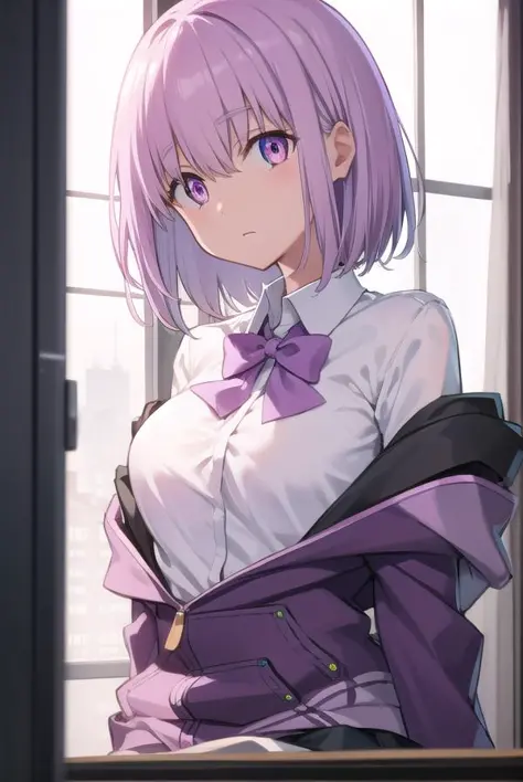 akaneshinjou, shinjou akane, light purple hair, (pink eyes:1.2), short hair,
BREAK black pantyhose, bow, collared shirt, hood, hooded jacket, jacket, open clothes, open jacket, open shirt, pantyhose, purple bow, purple jacket, , shirt, sleeves past wrists, unbuttoned shirt, white shirt,,
BREAK indoors, city,
BREAK looking at viewer, BREAK (masterpiece:1.2), best quality, high resolution, unity 8k wallpaper, (illustration:0.8), (beautiful detailed eyes:1.6), extremely detailed face, perfect lighting, extremely detailed CG, (perfect hands, perfect anatomy),